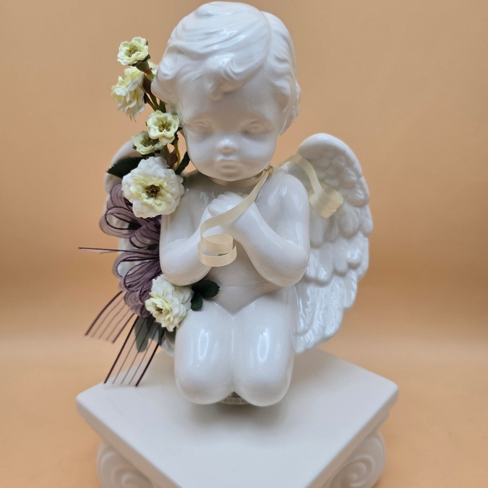 Vintage White Ceramic Rotating Cherub Angel Figurine on Pedestal with Flowers - Picture 14 of 16